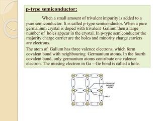 p-type semiconductor:
When a small amount of trivalent impurity is added to a
pure semiconductor. It is called p-type semiconductor. When a pure
germanium crystal is doped with trivalent Galium then a large
number of holes appear in the crystal. In p-type semiconductor the
majority charge carrier are the holes and minority charge carriers
are electrons.
The atom of Galium has three valence electrons, which form
covalent bond with neighbouring Germanium atoms. In the fourth
covalent bond, only germanium atoms contribute one valence
electron. The missing electron in Ga – Ge bond is called a hole.
 