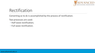Rectification
Converting ac to dc is accomplished by the process of rectification.
Two processes are used:
◦ Half-wave rectification;
◦ Full-wave rectification.
www.advanced.edu.in
 