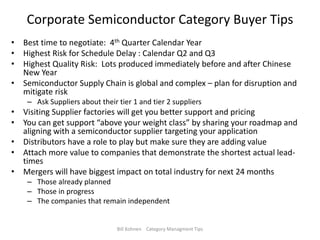 Corporate Semiconductor Category Buyer Tips
• Best time to negotiate: 4th Quarter Calendar Year
• Highest Risk for Schedule Delay : Calendar Q2 and Q3
• Highest Quality Risk: Lots produced immediately before and after Chinese
New Year
• Semiconductor Supply Chain is global and complex – plan for disruption and
mitigate risk
– Ask Suppliers about their tier 1 and tier 2 suppliers
• Visiting Supplier factories will get you better support and pricing
• You can get support “above your weight class” by sharing your roadmap and
aligning with a semiconductor supplier targeting your application
• Distributors have a role to play but make sure they are adding value
• Attach more value to companies that demonstrate the shortest actual lead-
times
• Mergers will have biggest impact on total industry for next 24 months
– Those already planned
– Those in progress
– The companies that remain independent
Bill Kohnen Category Managment Tips
 