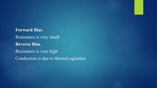 Forward Bias
Resistance is very small
Reverse Bias
Resistance is very high
Conduction is due to thermal agitation
 