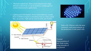 • Lighting and LED displays: Some semiconductors, usually
those available in liquid or amorphous form as a thin-coated
film, can produce light and are used in LEDs and OLEDs.
• Thermal conductivity: Some semiconductors have high
thermal conductivity, so can be used as a cooling agent in
certain thermoelectric applications.
Solar cells: Silicon is also the most
commonly used semiconductor in
the production of solar panel cells
Pictorial
Representation of
how Solar works,
using principle of
p-n junction
 