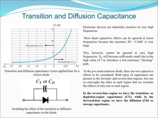 Transition and diffusion capacitance versus applied bias for a
silicon diode.
Including the effect of the transition or diffusion
capacitance on the diode.
Transition and Diffusion Capacitance
Electronic devices are inherently sensitive to very high
frequencies.
Most shunt capacitive effects can be ignored at lower
frequencies because the reactance XC =1/2πfC is very
large
This, however, cannot be ignored at very high
frequencies. XC will become sufficiently small due to the
high value of f to introduce a low-reactance “shorting”
path.
In the p-n semiconductor diode, there are two capacitive
effects to be considered. Both types of capacitance are
present in the forward- and reverse-bias regions, but one
so outweighs the other in each region that we consider
the effects of only one in each region.
In the reverse-bias region we have the transition- or
depletion-region capacitance (CT), while in the
forward-bias region we have the diffusion (CD) or
storage capacitance.
 