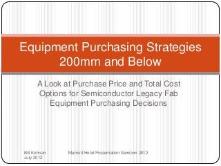Equipment Purchasing Strategies
200mm and Below
A Look at Purchase Price and Total Cost
Options for Semiconductor Legacy Fab
Equipment Purchasing Decisions

Bill Kohnen
July 2012

Marriott Hotel Presentation Semicon 2012

 