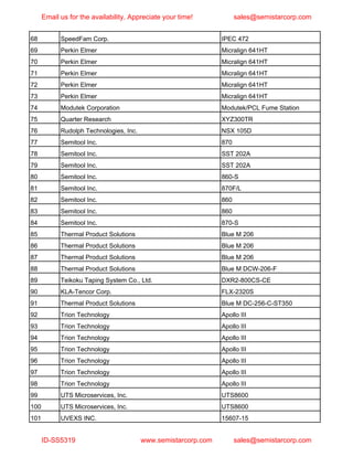 68 SpeedFam Corp. IPEC 472
69 Perkin Elmer Micralign 641HT
70 Perkin Elmer Micralign 641HT
71 Perkin Elmer Micralign 641HT
72 Perkin Elmer Micralign 641HT
73 Perkin Elmer Micralign 641HT
74 Modutek Corporation Modutek/PCL Fume Station
75 Quarter Research XYZ300TR
76 Rudolph Technologies, Inc. NSX 105D
77 Semitool Inc. 870
78 Semitool Inc. SST 202A
79 Semitool Inc. SST 202A
80 Semitool Inc. 860-S
81 Semitool Inc. 870F/L
82 Semitool Inc. 860
83 Semitool Inc. 860
84 Semitool Inc. 870-S
85 Thermal Product Solutions Blue M 206
86 Thermal Product Solutions Blue M 206
87 Thermal Product Solutions Blue M 206
88 Thermal Product Solutions Blue M DCW-206-F
89 Teikoku Taping System Co., Ltd. DXR2-800CS-CE
90 KLA-Tencor Corp. FLX-2320S
91 Thermal Product Solutions Blue M DC-256-C-ST350
92 Trion Technology Apollo III
93 Trion Technology Apollo III
94 Trion Technology Apollo III
95 Trion Technology Apollo III
96 Trion Technology Apollo III
97 Trion Technology Apollo III
98 Trion Technology Apollo III
99 UTS Microservices, Inc. UTS8600
100 UTS Microservices, Inc. UTS8600
101 UVEXS INC. 15607-15
Email us for the availability. Appreciate your time! sales@semistarcorp.com
ID-SS5319 www.semistarcorp.com sales@semistarcorp.com
 