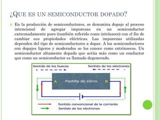 ¿QUE ES UN SEMICONDUCTOR DOPADO?
   En la producción de semiconductores, se denomina dopaje al proceso
    intencional de agregar impurezas en un semiconductor
    extremadamente puro (también referido como intrínseco) con el fin de
    cambiar sus propiedades eléctricas. Las impurezas utilizadas
    dependen del tipo de semiconductores a dopar. A los semiconductores
    con dopajes ligeros y moderados se los conoce como extrínsecos. Un
    semiconductor altamente dopado que actúa más como un conductor
    que como un semiconductor es llamado degenerado.
 