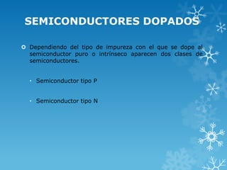 SEMICONDUCTORES DOPADOS

 Dependiendo del tipo de impureza con el que se dope al
  semiconductor puro o intrínseco aparecen dos clases de
  semiconductores.


  • Semiconductor tipo P


  • Semiconductor tipo N
 