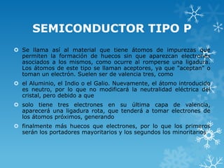 SEMICONDUCTOR TIPO P
 Se llama así al material que tiene átomos de impurezas que
  permiten la formación de huecos sin que aparezcan electrones
  asociados a los mismos, como ocurre al romperse una ligadura.
  Los átomos de este tipo se llaman aceptores, ya que "aceptan" o
  toman un electrón. Suelen ser de valencia tres, como
 el Aluminio, el Indio o el Galio. Nuevamente, el átomo introducido
  es neutro, por lo que no modificará la neutralidad eléctrica del
  cristal, pero debido a que
 solo tiene tres electrones en su última capa de valencia,
  aparecerá una ligadura rota, que tenderá a tomar electrones de
  los átomos próximos, generando
 finalmente más huecos que electrones, por lo que los primeros
  serán los portadores mayoritarios y los segundos los minoritarios.
 