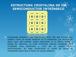 ESTRUCTURA CRISTALINA DE UN
       SEMICONDUCTOR INTRÍNSECO




 Compuesta solamente por átomos de silicio (Si) que forman una
  celosía. Como se puede observar en la ilustración, los átomos de
  silicio (que sólo poseen cuatro electrones en la última órbita o
  banda de valencia), se unen formando enlaces covalente para
  completar ocho electrones y crear así un cuerpo sólido
  semiconductor. En esas condiciones el cristal de silicio se
  comportará igual que si fuera un cuerpo aislante.
 