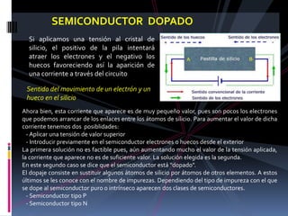 SEMICONDUCTOR DOPADO
  Si aplicamos una tensión al cristal de
  silicio, el positivo de la pila intentará
  atraer los electrones y el negativo los
  huecos favoreciendo así la aparición de
  una corriente a través del circuito

 Sentido del movimiento de un electrón y un
 hueco en el silicio
Ahora bien, esta corriente que aparece es de muy pequeño valor, pues son pocos los electrones
que podemos arrancar de los enlaces entre los átomos de silicio. Para aumentar el valor de dicha
corriente tenemos dos posiblidades:
  - Aplicar una tensión de valor superior
  - Introducir previamente en el semiconductor electrones o huecos desde el exterior
La primera solución no es factible pues, aún aumentando mucho el valor de la tensión aplicada,
la corriente que aparece no es de suficiente valor. La solución elegida es la segunda.
En este segundo caso se dice que el semiconductor está "dopado".
El dopaje consiste en sustituir algunos átomos de silicio por átomos de otros elementos. A estos
últimos se les conoce con el nombre de impurezas. Dependiendo del tipo de impureza con el que
se dope al semiconductor puro o intrínseco aparecen dos clases de semiconductores.
  - Semiconductor tipo P
  - Semiconductor tipo N
 