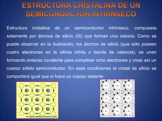 Estructura   cristalina   de   un   semiconductor   intrínseco,   compuesta
solamente por átomos de silicio (Si) que forman una celosía. Como se
puede observar en la ilustración, los átomos de silicio (que sólo poseen
cuatro electrones en la última órbita o banda de valencia), se unen
formando enlaces covalente para completar ocho electrones y crear así un
cuerpo sólido semiconductor. En esas condiciones el cristal de silicio se
comportará igual que si fuera un cuerpo aislante.
 