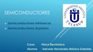 SEMICONDUCTORES

   Semiconductores intrínsecos
   Semiconductores dopados




               Curso    :Física Electrónica
               Alumna   : Salcedo Hernández Mónica Gabriela
 