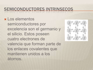 SEMICONDUCTORES INTRINSECOS

   Los elementos
    semiconductores por
    excelencia son el germanio y
    el silicio. Estos poseen
    cuatro electrones de
    valencia que forman parte de
    los enlaces covalentes que
    mantienen unidos a los
    átomos.
 