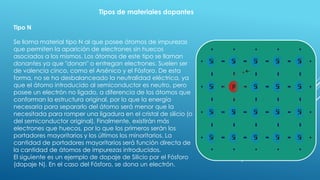 Tipos de materiales dopantes
Tipo N
Se llama material tipo N al que posee átomos de impurezas
que permiten la aparición de electrones sin huecos
asociados a los mismos. Los átomos de este tipo se llaman
donantes ya que "donan" o entregan electrones. Suelen ser
de valencia cinco, como el Arsénico y el Fósforo. De esta
forma, no se ha desbalanceado la neutralidad eléctrica, ya
que el átomo introducido al semiconductor es neutro, pero
posee un electrón no ligado, a diferencia de los átomos que
conforman la estructura original, por lo que la energía
necesaria para separarlo del átomo será menor que la
necesitada para romper una ligadura en el cristal de silicio (o
del semiconductor original). Finalmente, existirán más
electrones que huecos, por lo que los primeros serán los
portadores mayoritarios y los últimos los minoritarios. La
cantidad de portadores mayoritarios será función directa de
la cantidad de átomos de impurezas introducidos.
El siguiente es un ejemplo de dopaje de Silicio por el Fósforo
(dopaje N). En el caso del Fósforo, se dona un electrón.
 
