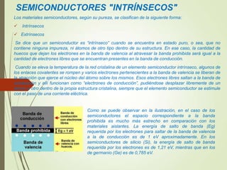 SEMICONDUCTORES "INTRÍNSECOS"
Los materiales semiconductores, según su pureza, se clasifican de la siguiente forma:
 Intrínsecos
 Extrínsecos
Se dice que un semiconductor es “intrínseco” cuando se encuentra en estado puro, o sea, que no
contiene ninguna impureza, ni átomos de otro tipo dentro de su estructura. En ese caso, la cantidad de
huecos que dejan los electrones en la banda de valencia al atravesar la banda prohibida será igual a la
cantidad de electrones libres que se encuentran presentes en la banda de conducción.
Cuando se eleva la temperatura de la red cristalina de un elemento semiconductor intrínseco, algunos de
los enlaces covalentes se rompen y varios electrones pertenecientes a la banda de valencia se liberan de
la atracción que ejerce el núcleo del átomo sobre los mismos. Esos electrones libres saltan a la banda de
conducción y allí funcionan como “electrones de conducción”, pudiéndose desplazar libremente de un
átomo a otro dentro de la propia estructura cristalina, siempre que el elemento semiconductor se estimule
con el paso de una corriente eléctrica.
Como se puede observar en la ilustración, en el caso de los
semiconductores el espacio correspondiente a la banda
prohibida es mucho más estrecho en comparación con los
materiales aislantes. La energía de salto de banda (Eg)
requerida por los electrones para saltar de la banda de valencia
a la de conducción es de 1 eV aproximadamente. En los
semiconductores de silicio (Si), la energía de salto de banda
requerida por los electrones es de 1,21 eV, mientras que en los
de germanio (Ge) es de 0,785 eV.
 
