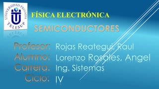 FÍSICA ELECTRÓNICA

Rojas Reategui, Raul
Lorenzo Rosales, Angel
Ing. Sistemas

IV

 