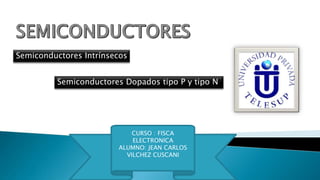 Semiconductores Intrínsecos
Semiconductores Dopados tipo P y tipo N

CURSO : FISCA
ELECTRONICA
ALUMNO: JEAN CARLOS
VILCHEZ CUSCANI

 