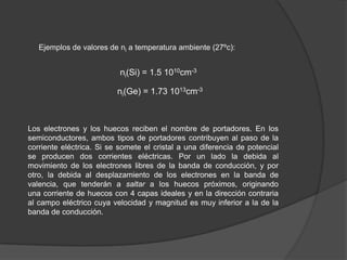 Ejemplos de valores de ni a temperatura ambiente (27ºc):

ni(Si) = 1.5 1010cm-3
ni(Ge) = 1.73 1013cm-3

Los electrones y los huecos reciben el nombre de portadores. En los
semiconductores, ambos tipos de portadores contribuyen al paso de la
corriente eléctrica. Si se somete el cristal a una diferencia de potencial
se producen dos corrientes eléctricas. Por un lado la debida al
movimiento de los electrones libres de la banda de conducción, y por
otro, la debida al desplazamiento de los electrones en la banda de
valencia, que tenderán a saltar a los huecos próximos, originando
una corriente de huecos con 4 capas ideales y en la dirección contraria
al campo eléctrico cuya velocidad y magnitud es muy inferior a la de la
banda de conducción.

 