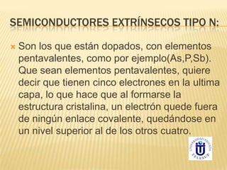 SEMICONDUCTORES EXTRÍNSECOS TIPO N:
 Son los que están dopados, con elementos
pentavalentes, como por ejemplo(As,P,Sb).
Que sean elementos pentavalentes, quiere
decir que tienen cinco electrones en la ultima
capa, lo que hace que al formarse la
estructura cristalina, un electrón quede fuera
de ningún enlace covalente, quedándose en
un nivel superior al de los otros cuatro.
 