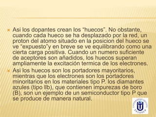  Asi los dopantes crean los “huecos”. No obstante,
cuando cada hueco se ha desplazado por la red, un
proton del atomo situado en la posicion del hueco se
ve “expuesto”y en breve se ve equilibrando como una
cierta carga positiva. Cuando un numero suficiente
de aceptores son añadidos, los huecos superan
ampliamente la excitación termica de los electrones.
 Asi los huecos son los portadores mayoritarios,
mientras que los electrones son los portadores
minoritarios en los materiales tipo P. los diamantes
azules (tipo llb), que contienen impurezas de boro
(B), son un ejemplo de un semiconductor tipo P que
se produce de manera natural.
 