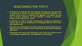 SEMICONDUCTOR TIPO P
 Se llama así al material que tiene átomos de impurezas que permiten
la formación de huecos sin que aparezcan electrones asociados a los
mismos, como ocurre al romperse una ligadura. Los átomos de este
tipo se llaman aceptores, ya que "aceptan" o toman un electrón.
Suelen ser de valencia tres, como
 el Aluminio, el Indio o el Galio. Nuevamente, el átomo introducido es
neutro, por lo que no modificará la neutralidad eléctrica del cristal,
pero debido a que
 solo tiene tres electrones en su última capa de valencia, aparecerá una
ligadura rota, que tenderá a tomar electrones de los átomos próximos,
generando
 finalmente más huecos que electrones, por lo que los primeros serán
los portadores mayoritarios y los segundos los minoritarios.
 