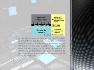 Se dice que un semiconductor es “intrínseco” cuando
se encuentra en estado puro, o sea, que no contiene
ninguna impureza, ni átomos de otro tipo dentro de su
estructura. En ese caso, la cantidad de huecos que
dejan los electrones en la banda de valencia al
atravesar la banda prohibida será igual a la cantidad de
electrones libres que se encuentran presentes en la
banda de conducción.
 