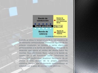Cuando se eleva la temperatura de la red cristalina de
un elemento semiconductor intrínseco, algunos de los
enlaces covalentes se rompen y varios electrones
pertenecientes a la banda de valencia se liberan de la
atracción que ejerce el núcleo del átomo sobre los
mismos. Esos electrones libres saltan a la banda de
conducción y allí funcionan como “electrones de
conducción”, pudiéndose desplazar libremente de un
átomo a otro dentro de la propia estructura
cristalina, siempre que el elemento semiconductor se
estimule con el paso de una corriente eléctrica.
 