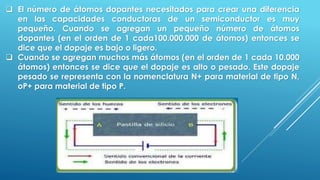  El número de átomos dopantes necesitados para crear una diferencia
en las capacidades conductoras de un semiconductor es muy
pequeño. Cuando se agregan un pequeño número de átomos
dopantes (en el orden de 1 cada100.000.000 de átomos) entonces se
dice que el dopaje es bajo o ligero.
 Cuando se agregan muchos más átomos (en el orden de 1 cada 10.000
átomos) entonces se dice que el dopaje es alto o pesado. Este dopaje
pesado se representa con la nomenclatura N+ para material de tipo N,
oP+ para material de tipo P.
 