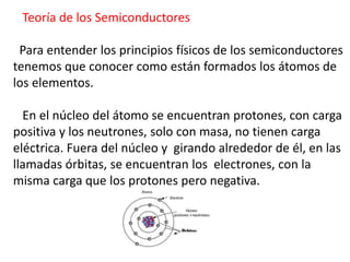 Teoría de los Semiconductores 
Para entender los principios físicos de los semiconductores 
tenemos que conocer como están formados los átomos de 
los elementos. 
En el núcleo del átomo se encuentran protones, con carga 
positiva y los neutrones, solo con masa, no tienen carga 
eléctrica. Fuera del núcleo y girando alrededor de él, en las 
llamadas órbitas, se encuentran los electrones, con la 
misma carga que los protones pero negativa. 
 