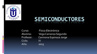 SEMICONDUCTORES
Curso: Física Electrónica
Alumno: Vega Carranza Segundo
Profesor: Carmona Espinoza Jorge
Ciclo: IV
Año: 2015
 