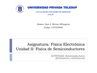 Asignatura: Física Electrónica
Unidad II: Física de Semiconductores
ACTIVIDAD: Semiconductores
(Intrínsecos y extrínsecos)
UNIVERSIDAD PRIVADA TELESUP
FACULTAD DE INGENIERÍA DE SISTEMAS
Ciclo IV
Alumno: Juan A. Moreno Albinagorta
Código: UT10104963
 