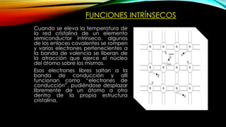 FUNCIONES INTRÍNSECOS
Cuando se eleva la temperatura de
la red cristalina de un elemento
semiconductor intrínseco, algunos
de los enlaces covalentes se rompen
y varios electrones pertenecientes a
la banda de valencia se liberan de
la atracción que ejerce el núcleo
del átomo sobre los mismos.
Esos electrones libres saltan a la
banda de conducción y allí
funcionan como “electrones de
conducción”, pudiéndose desplazar
libremente de un átomo a otro
dentro de la propia estructura
cristalina.
 