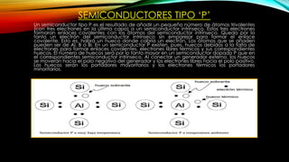 SEMICONDUCTORES TIPO ‘P’
Un semiconductor tipo P es el resultado de añadir un pequeño número de átomos trivalentes
(con tres electrones en la última capa) a un semiconductor intrínseco. Estos tres electrones
formaran enlaces covalentes con los átomos del semiconductor intrínseco. Queda por lo
tanto un electrón del semiconductor intrínseco sin emparejar para formar el enlace
covalente. Esto es, habrá un hueco donde cabría un electrón. Los átomos que se añaden
pueden ser de Al, B o Bi. En un semiconductor P existen, pues, huecos debidos a la falta de
electrones para formar enlaces covalentes, electrones libres térmicos y sus correspondientes
huecos. El número de huecos será por lo tanto mayor en un semiconductor dopado P que en
el correspondientes semiconductor intrínseco. Al conectar un generador externo, los huecos
se moverán hacia el polo negativo del generador y los electrones libres hacia el polo positivo.
Los huecos serán los portadores mayoritarios y los electrones térmicos los portadores
minoritarios.
 