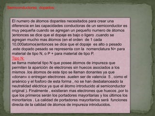 Semiconductores dopados:
El numero de átomos dopantes necesitados para crear una
diferencia en las capacidades conductoras de un semiconductor es
muy pequeña cuando se agregan un pequeño numero de átomos
)entonces se dice que el dopaje es bajo o ligero .cuando se
agregan mucho mas átomos (en el orden de 1 cada
10,000atomos)entonces se dice que el dopaje es alto o pesado
.este dopado pesado se representa con la nomenclatura N+ para
material de tipo N, o P + para material de tipo P.
Tipo N:
se llama material tipo N que posee átomos de impureza que
permiten la aparición de electrones sin huecos asociados a los
mismos .los átomos de este tipo se llaman donantes ya que
«donan» o entregan electrones .suelen ser de valencia 5 , como el
arsénico y el fosforo de esta forma , no se han desbalanceado la
neutralidad eléctrica ya que el átomo introducido al semiconductor
original ). Finalmente , existieran mas electrones que huecos ,por lo
que los primeros serán los portadores mayoritarias y los últimos los
minoritarios . La calidad de portadores mayoritarios será funciones
directa de la calidad de átomos de impureza introducidos.
 