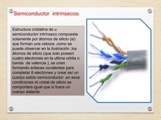 Semiconductor intrínsecos:
Estructura cristalina de u
semiconductor intrínseco compuesta
solamente por átomos de silicio (si)
que forman una celosía ,como se
puede observar en la ilustración ,los
átomos de silicio (que solo poseen
cuatro electrones en la ultima orbita o
banda de valencia ), se unen
formando enlaces covalentes para
completar 8 electrones y crear así un
cuerpo solido semiconductor .en esos
condiciones el cristal de silicio se
comportara igual que si fuera un
cuerpo aislante
 