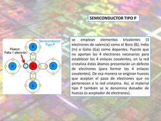 se emplean elementos trivalentes (3
electrones de valencia) como el Boro (B), Indio
(In) o Galio (Ga) como dopantes. Puesto que
no aportan los 4 electrones necesarios para
establecer los 4 enlaces covalentes, en la red
cristalina éstos átomos presentarán un defecto
de electrones (para formar los 4 enlaces
covalentes). De esa manera se originan huecos
que aceptan el paso de electrones que no
pertenecen a la red cristalina. Así, al material
tipo P también se le denomina donador de
huecos (o aceptador de electrones).
SEMICONDUCTOR TIPO P
 