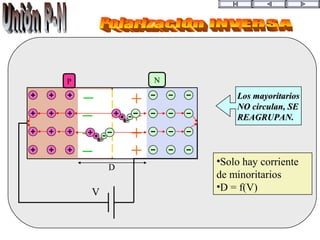 Los mayoritariosLos mayoritarios
NO circulan, SENO circulan, SE
REAGRUPAN.REAGRUPAN.
•Solo hay corriente
de minoritarios
•D = f(V)
P N
V
D
 