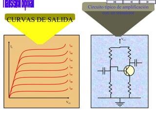 ICC
VCECE
IB7B7
IB6B6
IB5B5
IB4B4
IB3B3
IB2B2
IB1B1
VCC
CURVAS DE SALIDA
Circuito típico de amplificación
con un transistor
 