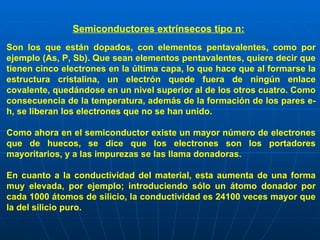 Son los que están dopados, con elementos pentavalentes, como por ejemplo (As, P, Sb). Que sean elementos pentavalentes, quiere decir que tienen cinco electrones en la última capa, lo que hace que al formarse la estructura cristalina, un electrón quede fuera de ningún enlace covalente, quedándose en un nivel superior al de los otros cuatro. Como consecuencia de la temperatura, además de la formación de los pares e-h, se liberan los electrones que no se han unido. Como ahora en el semiconductor existe un mayor número de electrones que de huecos, se dice que los electrones son los portadores mayoritarios, y a las impurezas se las llama donadoras. En cuanto a la conductividad del material, esta aumenta de una forma muy elevada, por ejemplo; introduciendo sólo un átomo donador por cada 1000 átomos de silicio, la conductividad es 24100 veces mayor que la del silicio puro.   Semiconductores extrínsecos tipo n:   