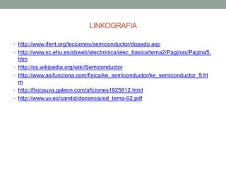 LINKOGRAFIA

• http://www.ifent.org/lecciones/semiconductor/dopado.asp
• http://www.sc.ehu.es/sbweb/electronica/elec_basica/tema2/Paginas/Pagina5.
    htm
•   http://es.wikipedia.org/wiki/Semiconductor
•   http://www.asifunciona.com/fisica/ke_semiconductor/ke_semiconductor_9.ht
    m
•   http://fisicauva.galeon.com/aficiones1925812.html
•   http://www.uv.es/candid/docencia/ed_tema-02.pdf
 
