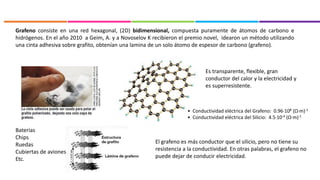 Grafeno consiste en una red hexagonal, (2D) bidimensional, compuesta puramente de átomos de carbono e
hidrógenos. En el año 2010 a Geim, A. y a Novoselov K recibieron el premio novel, idearon un método utilizando
una cinta adhesiva sobre grafito, obtenían una lamina de un solo átomo de espesor de carbono (grafeno).
Es transparente, flexible, gran
conductor del calor y la electricidad y
es superresistente.
• Conductividad eléctrica del Grafeno: 0.96·108 (Ω·m)-1
• Conductividad eléctrica del Silicio: 4.5·10-4 (Ω·m)-1
El grafeno es más conductor que el silicio, pero no tiene su
resistencia a la conductividad. En otras palabras, el grafeno no
puede dejar de conducir electricidad.
Baterías
Chips
Ruedas
Cubiertas de aviones
Etc.
 