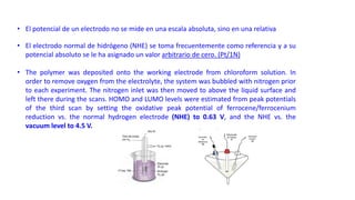 • El potencial de un electrodo no se mide en una escala absoluta, sino en una relativa
• El electrodo normal de hidrógeno (NHE) se toma frecuentemente como referencia y a su
potencial absoluto se le ha asignado un valor arbitrario de cero. (Pt/1N)
• The polymer was deposited onto the working electrode from chloroform solution. In
order to remove oxygen from the electrolyte, the system was bubbled with nitrogen prior
to each experiment. The nitrogen inlet was then moved to above the liquid surface and
left there during the scans. HOMO and LUMO levels were estimated from peak potentials
of the third scan by setting the oxidative peak potential of ferrocene/ferrocenium
reduction vs. the normal hydrogen electrode (NHE) to 0.63 V, and the NHE vs. the
vacuum level to 4.5 V.
 
