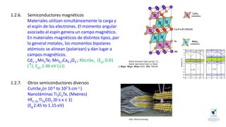 1.2.6. Semiconductores magnéticos
Materiales utilizan simultáneamente la carga y
el espín de los electrones. El momento angular
asociado al espín genera un campo magnético.
En materiales magnéticos de distintos tipos, por
lo general metales, los momentos bipolares
atómicos se alinean (polarizan) y dan lugar a
campos magnéticos.
Cd1−x Mn2Te; Mn0.7Ca0.3O3 ; RbLnSe2 (Eg1 0.81
(); Eg2 2.46 eV ())
1.2.7. Otros semiconductores diversos
CuInSe2( 10-6 to 102 S cm-1 )
Nanoláminas Ti3C2Tx, (Mxenes)
Hf2−2x Ti2xCO2 (0 ≤ x ≤ 1)
(Eg 2.45 to 1.15 eV)
J. Magn. Magn. Mater 2020, 504, 166448
HZB / Martin Künsting
Band structure (spin up Eg1 (↑),
black; spin down Eg2 (↓), blue)
 