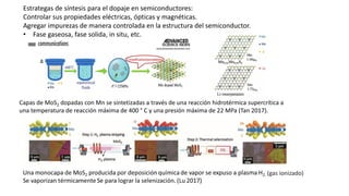 Estrategas de síntesis para el dopaje en semiconductores:
Controlar sus propiedades eléctricas, ópticas y magnéticas.
Agregar impurezas de manera controlada en la estructura del semiconductor.
• Fase gaseosa, fase solida, in situ, etc.
Capas de MoS2 dopadas con Mn se sintetizadas a través de una reacción hidrotérmica supercrítica a
una temperatura de reacción máxima de 400 ° C y una presión máxima de 22 MPa (Tan 2017).
(gas ionizado)
 