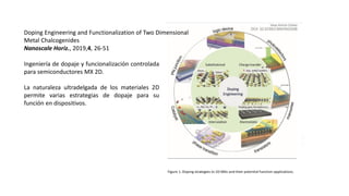 Ingeniería de dopaje y funcionalización controlada
para semiconductores MX 2D.
La naturaleza ultradelgada de los materiales 2D
permite varias estrategias de dopaje para su
función en dispositivos.
Doping Engineering and Functionalization of Two Dimensional
Metal Chalcogenides
Nanoscale Horiz., 2019,4, 26-51
 