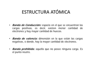 ESTRUCTURA ATÓMICA
• Banda de Conducción: espacio en el que se encuentran las
cargas positivas, es decir, existen menor cantidad de
electrones y hay mayor cantidad de huecos.
• Banda de valencia: dimensión en la que están las cargas
negativas, o donde, hay la mayor cantidad de electrones.
• Banda prohibida: aquella que no posee ninguna carga. Es
el punto neutro.
 