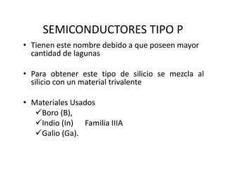 SEMICONDUCTORES TIPO P
• Tienen este nombre debido a que poseen mayor 
cantidad de lagunas
• Para obtener este tipo de silicio se mezcla al
silicio con un material trivalente
• Materiales Usados
Boro (B), 
Indio (In) Familia IIIA
Galio (Ga).
 
