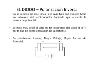 EL DIODO – Polarización Inversa
• No se repelen los electrones, sino más bien son atraídos hacia
los extremos del semiconductor haciendo que aumente la
barrera de potencial
• Se hace más difícil el salto de los electrones del silicio N al P;
por lo que no existe circulación de la corriente.
• En polarización inversa, Mayor Voltaje, Mayor Barrera de
Potencial.
 