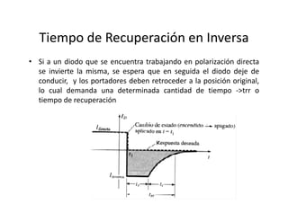 Tiempo de Recuperación en Inversa
• Si a un diodo que se encuentra trabajando en polarización directa
se invierte la misma, se espera que en seguida el diodo deje de
conducir, y los portadores deben retroceder a la posición original,
lo cual demanda una determinada cantidad de tiempo ‐>trr o
tiempo de recuperación
 