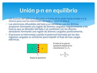  Los huecos del lado p se difunden a través de la unión hacia el lado n y lo
mismo pasa con los electrones del lado n hacia el lado p.
 Los electrones difundidos del lado p se combinan con los átomos
aceptores formando una región de átomos cargados negativamente y los
huecos que se difunden del lado n se combinan con los átomos
donadores formando una región de átomos cargados positivamente.
 El proceso se interrumpe cuando el potencial formado por las dos
regiones cargadas es suficiente para impedir el flujo de mas cargas
eléctricas.
Unión p-n en equilibrio
 
