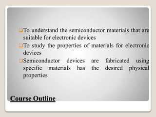 Course Outline
To understand the semiconductor materials that are
suitable for electronic devices
To study the properties of materials for electronic
devices
Semiconductor devices are fabricated using
specific materials has the desired physical
properties
 